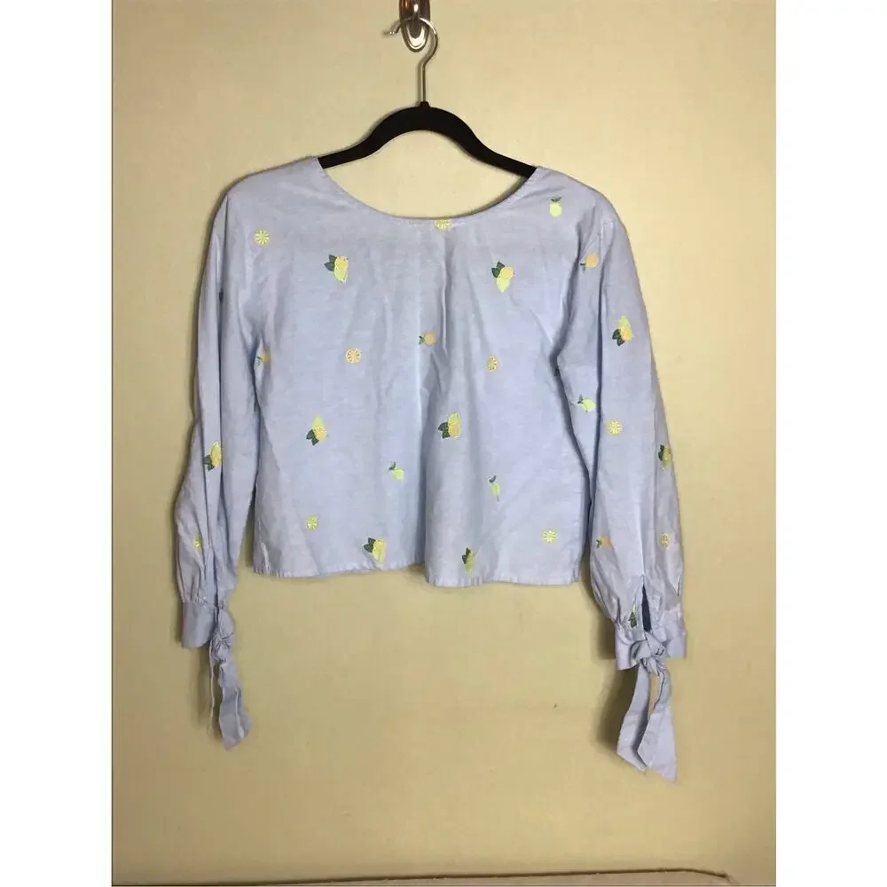 Rebellion Again lemon print crop top with Tie Wrist Sleeves Blue Sz.Medium